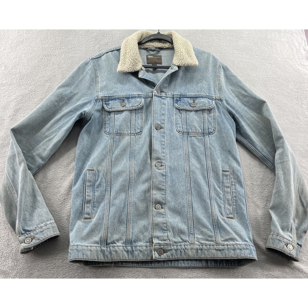 ASOS Jean Jacket Men's Large Sherpa Collar Light Wash Denim Button Up